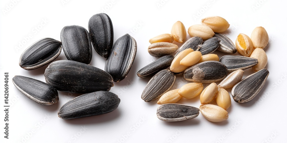 Various seeds scattered on a wooden table with natural light, ideal for healthy eating or gardening themes.