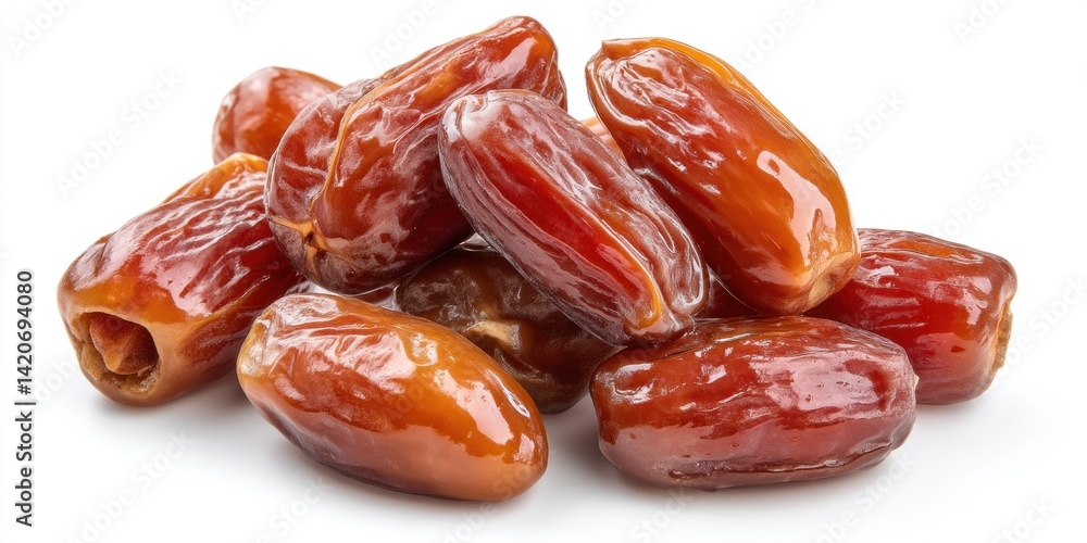 Close-up of ripe brown dates piled on a clean white surface with soft natural lighting.