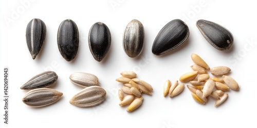 Various sunflower seed types scattered on a clean white surface with natural light.
