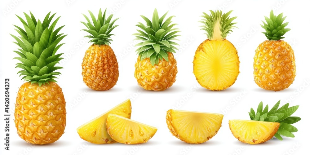 Close-up of a ripe pineapple cut and sliced in half with bright yellow flesh on a white background.