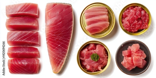Close-up of assorted raw tuna cuts in a tin with vibrant red and pink hues, perfect for seafood dishes.