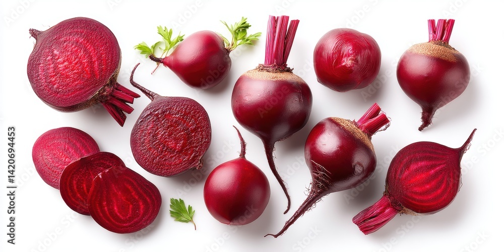 Close-up of fresh red beets with green leaves on a white background, perfect for healthy food concepts.