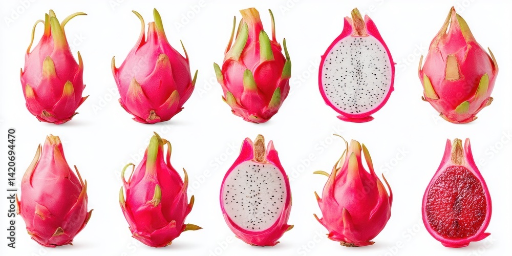 Close-up of a vibrant pink dragon fruit sliced in half on a clean white surface with visible black seeds.