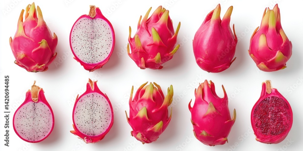 Close-up of a vibrant pink dragon fruit cut in half and sliced, showing white flesh with black seeds.
