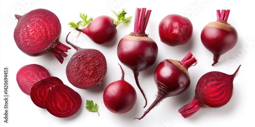 Obraz na płótnie Close-up of fresh red beets with green leaves on a white background, perfect for healthy food concepts. w salonie