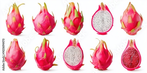 Obraz na płótnie Close-up of a vibrant pink dragon fruit sliced in half on a clean white surface with visible black seeds. w salonie