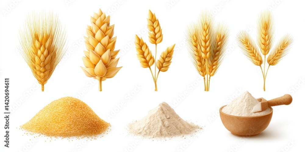 Arafed wheat grains, white flour, and a wooden spoon arranged on a clean white background.