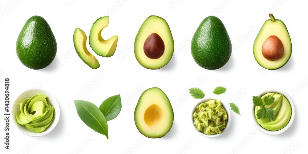Close-up of fresh green avocados with leaves arranged on a clean white surface, bright natural lighting. Close-up of fresh green avocados with leaves arranged on a clean white surface, bright natural lighting.