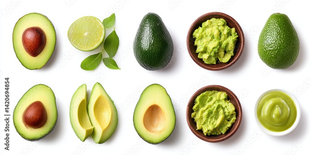 Halved avocado and limes in white bowls with a lime wedge on a white background, bright natural lighting.