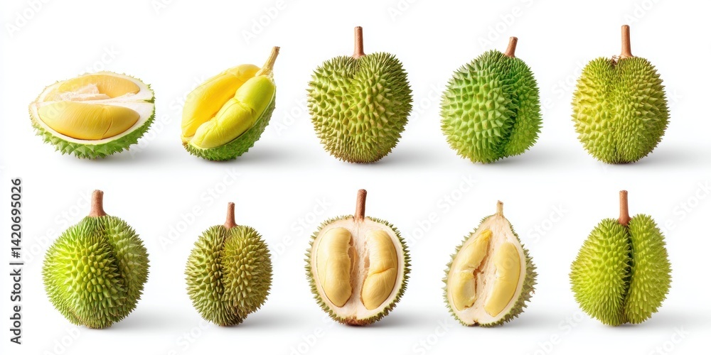 Close-up of assorted fresh fruits including durian, lemon, and orange on a white background.