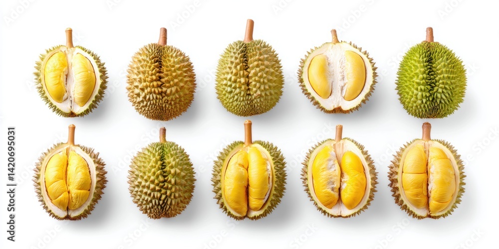 Whole and halved durian fruit displayed on a clean white background, highlighting texture and color.
