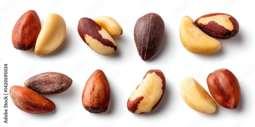 Close-up of assorted nuts scattered on a clean white surface with some pieces missing.