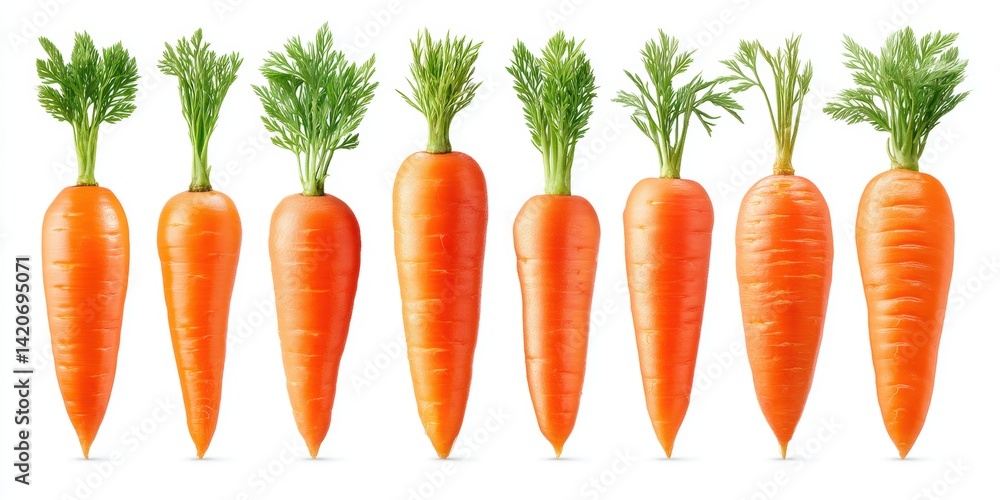 Close-up of fresh orange carrots with vibrant green tops on a white background, perfect for healthy food themes.