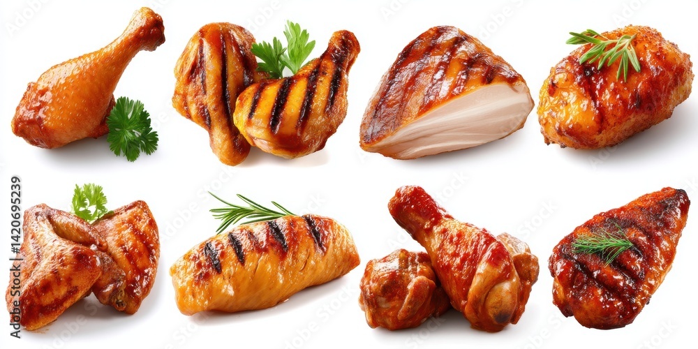 Close-up of assorted crispy chicken wings garnished with fresh green parsley on a white plate.