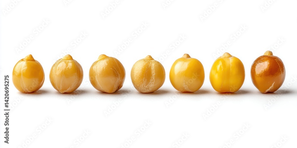 Five different types of fresh fruits lined up in a row on a white background, vibrant colors, natural lighting.