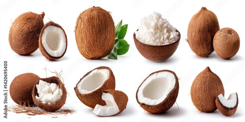 Close-up of whole and halved brown coconuts with white flesh on a neutral background.