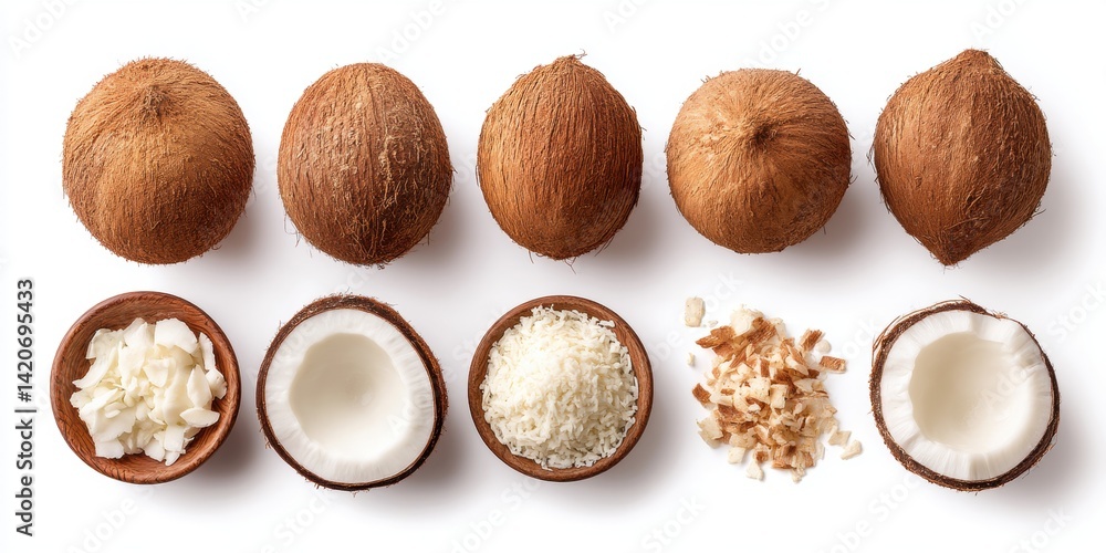 Shelled coconuts and white coconut flakes neatly arranged in a row on a white background.