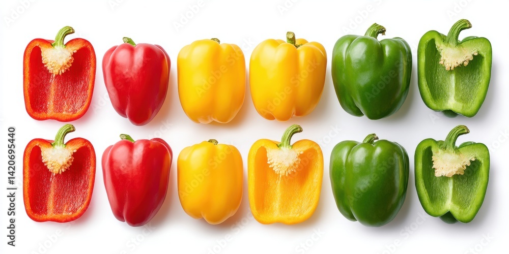Close-up of colorful peppers neatly lined up in a row on a white background, vibrant and fresh.