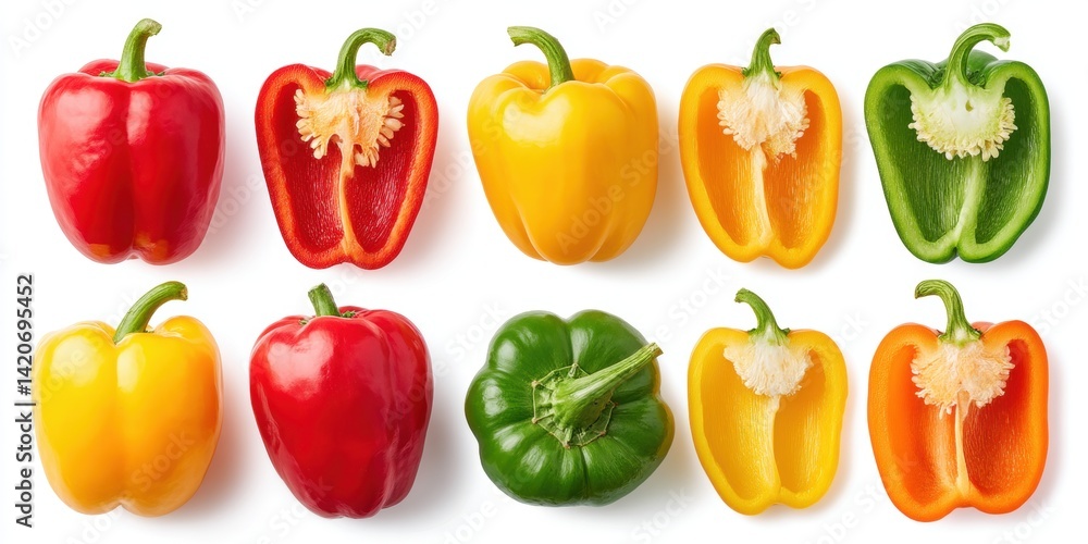 Close-up of whole and halved colorful peppers showcasing textures and vibrant red, yellow, and green hues.