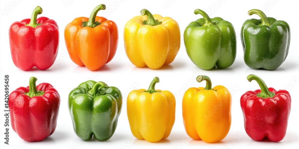 Close-up of vibrant multicolored peppers with red, yellow, and green hues on a white background.