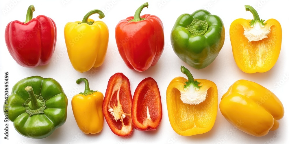 Close-up of colorful whole and halved peppers showcasing texture and vibrant red, yellow, and green hues. Close-up of colorful whole and halved peppers showcasing texture and vibrant red, yellow, and green hues.