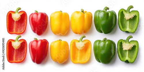 Obraz na płótnie Close-up of colorful peppers neatly lined up in a row on a white background, vibrant and fresh. w salonie