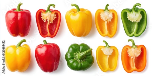 Obraz na płótnie Close-up of whole and halved colorful peppers showcasing textures and vibrant red, yellow, and green hues. w salonie