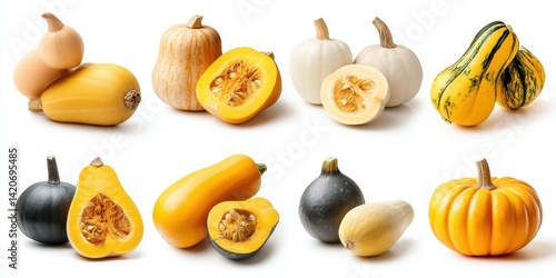 Obraz na płótnie Close-up of assorted colorful squash varieties arranged on a clean white background. w salonie