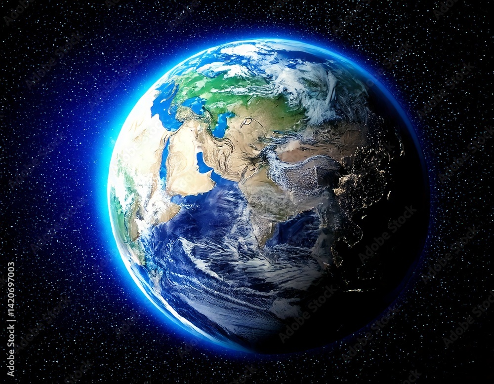 Fototapeta premium Planet earth globe view from space showing realistic earth surface and world map as in outer 