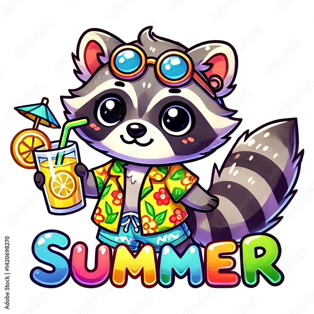 Naklejka premium Cute raccoon enjoying summer with a refreshing drink and sunglasses.