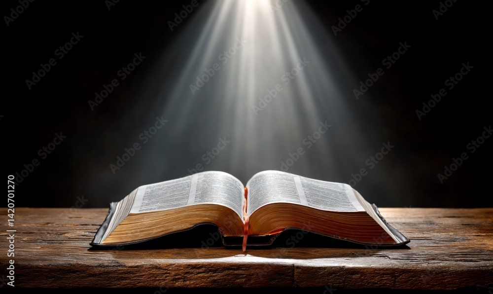 Open book bathed in light on a wooden table Open book bathed in light on a wooden table