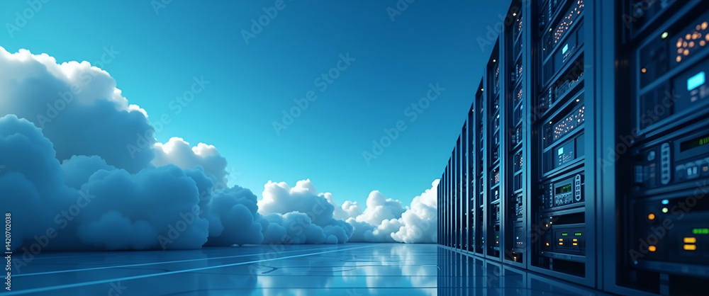 Fototapeta premium Robust Cloud Server Solutions: High-Performance Computing, Secure Data Storage & Scalable Virtualization for Reliable Enterprise Digital Operations in Photo Stock Concept