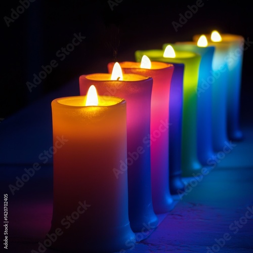 Wallpaper Mural Rainbow-colored candles glowing in a dark room, arranged in a row, their vibrant flames illuminating the space with a peaceful and enchanting ambiance Torontodigital.ca