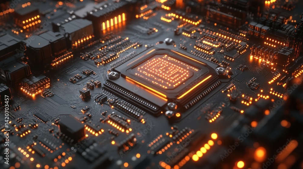 Illuminated Circuits: A Close-Up View of a Computer Motherboard's Central Processing Unit Illuminated Circuits: A Close-Up View of a Computer Motherboard's Central Processing Unit