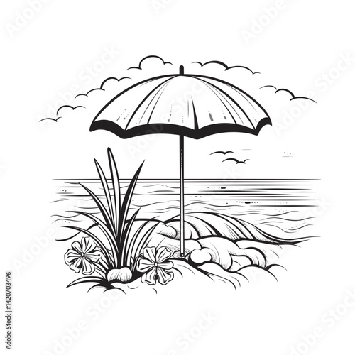Retro Summer Umbrella and Wave Line Art Set