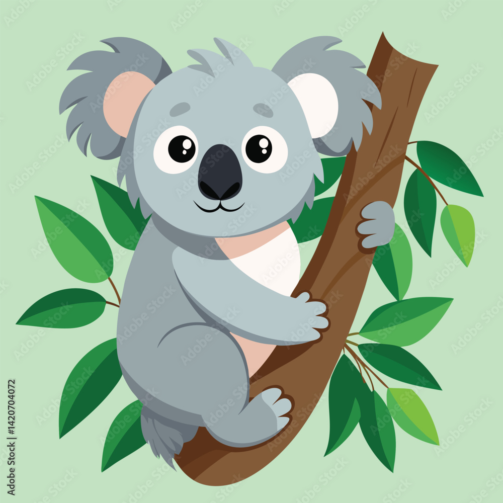 A fluffy koala clings to a eucalyptus branch.
A fluffy koala clings to a eucalyptus branch.