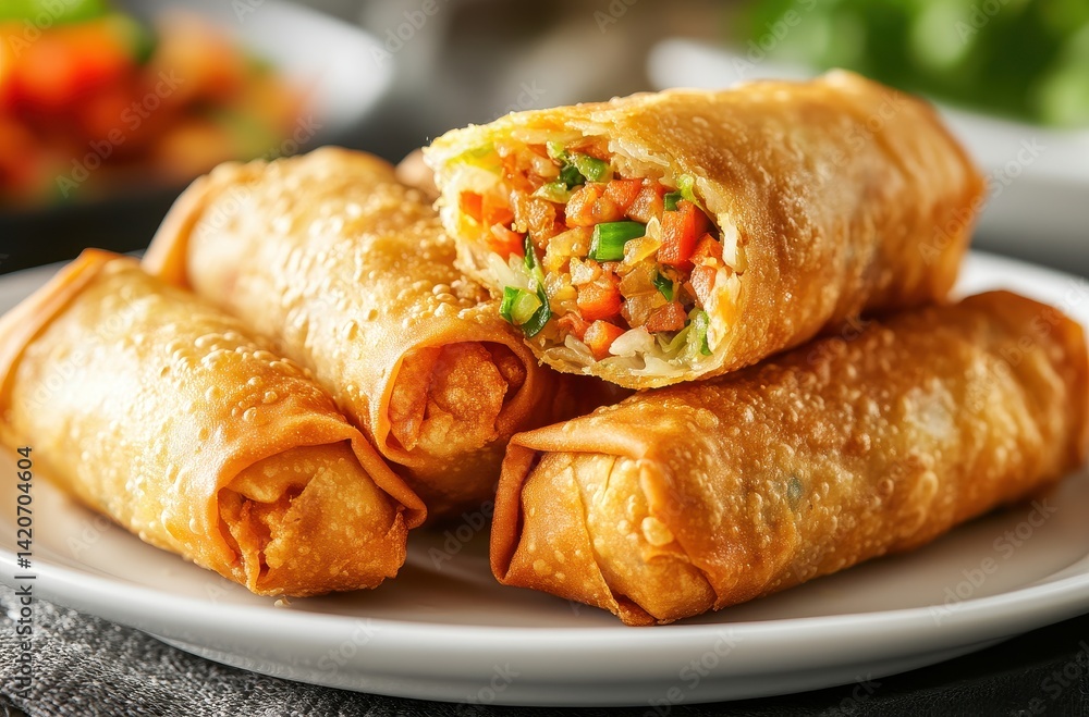 Crispy Vegetable Spring Rolls on a White Plate with Fresh Ingredients in the Background, Perfect for Asian Cuisine Dishes and Appetizers Crispy Vegetable Spring Rolls on a White Plate with Fresh Ingredients in the Background, Perfect for Asian Cuisine Dishes and Appetizers