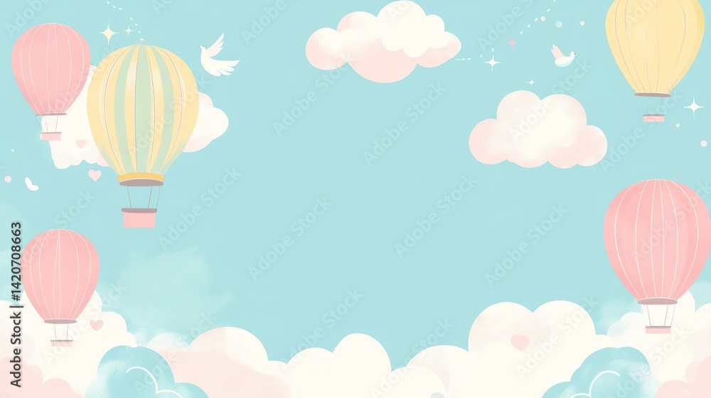 Pastel Hot Air Balloons in a Sky with Clouds. Possible use Children's book illustration, greeting card design Pastel Hot Air Balloons in a Sky with Clouds. Possible use Children's book illustration, greeting card design