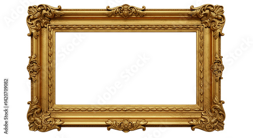 A golden ornate picture frame with intricate carvings and a black background in a horizontal view