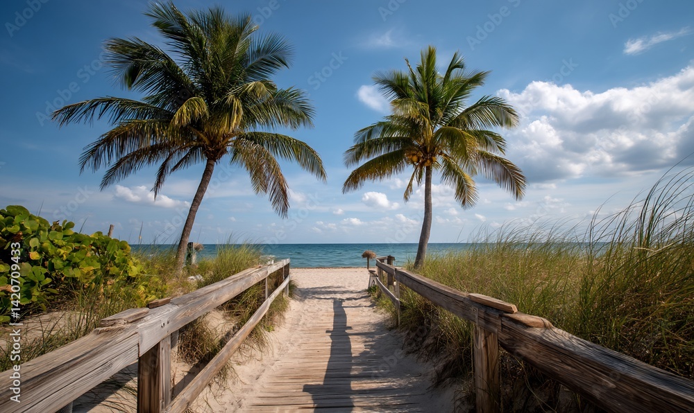 Peaceful beach path framed by palm trees Peaceful beach path framed by palm trees