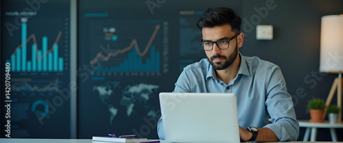 Professional business man company employee busy Indian male worker software developer businessman analyst looking at computer thinking on online data management using laptop working at office. concept