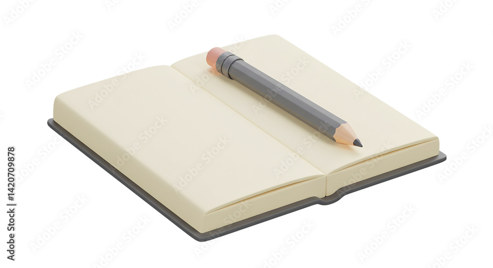 A simple open notebook with blank pages and a gray pencil lying across it on a black background A simple open notebook with blank pages and a gray pencil lying across it on a black background