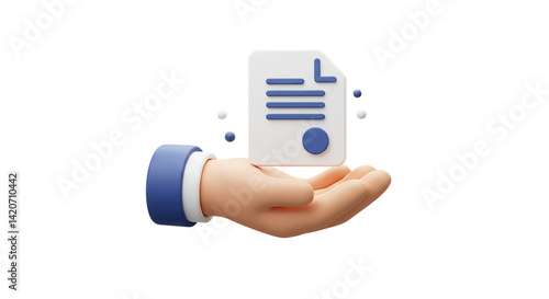 3D hand presenting a document icon isolated on white background, perfect for digital approval visuals, file sharing platforms, online contracts, and official business paperwork elements