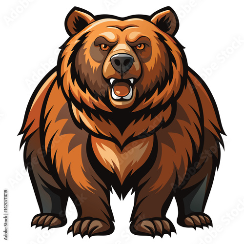 A powerful bear, possibly a grizzly, Kodiak, or Kamchatka brown bear on white background

