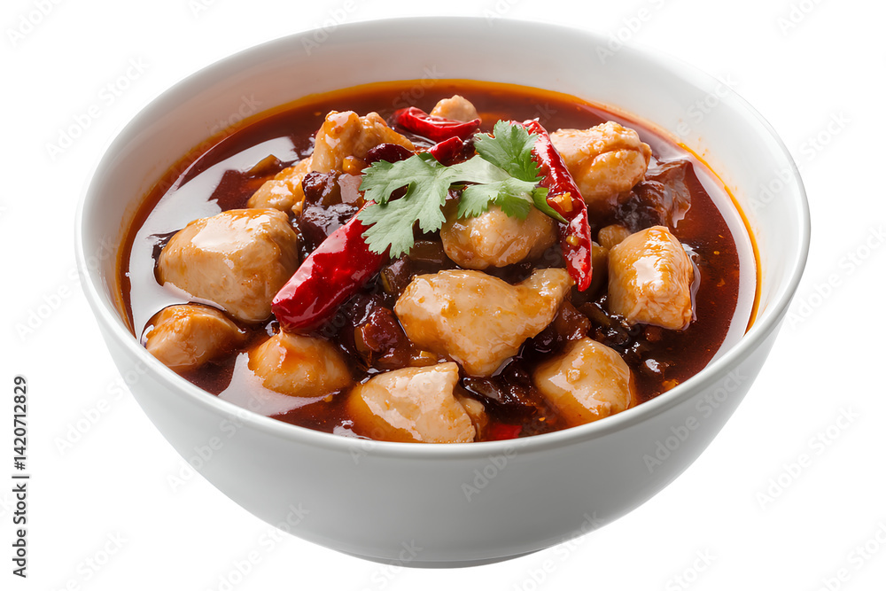 Chinese food, a bowl of Picofini chicken with chili, isolated on a transparent background Chinese food, a bowl of Picofini chicken with chili, isolated on a transparent background