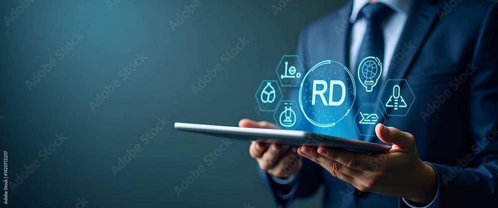 Fototapeta premium Person holding holographic tablet displaying R&D icons symbolizing research and development scientific and business innovation in empty space concept as Person holds holographic tablet displaying R&D 