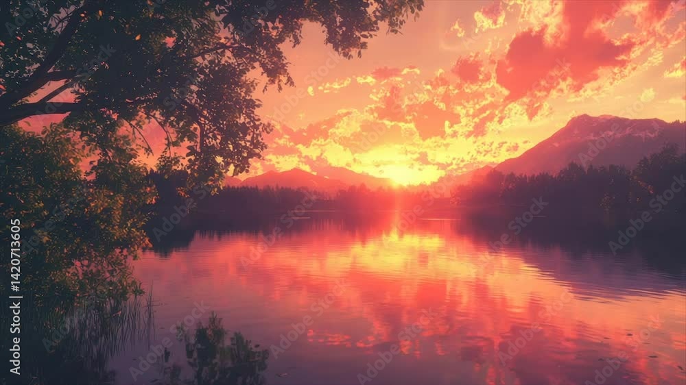 Vibrant sunset reflected on a calm lake, mountains in the background, tree branches framing the scene Vibrant sunset reflected on a calm lake, mountains in the background, tree branches framing the scene