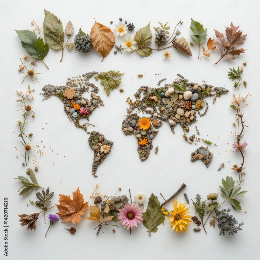 Fototapeta premium Flat lay of leaves, twigs, stones, and flowers