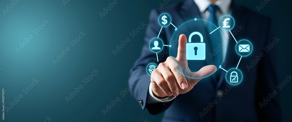 Obraz premium Hand interacting with holographic digital banking interface showing financial services data security currency exchange payment icons in empty space concept as Hand interacts with holographic digital b