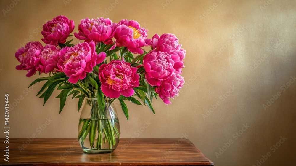 A bouquet of vibrant pink peonies in a clear vase. A bouquet of vibrant pink peonies in a clear vase.